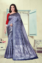 Vedant Vastram Litchi Silk Designer Banarasi Saree - Navy Blue | Grocsy
