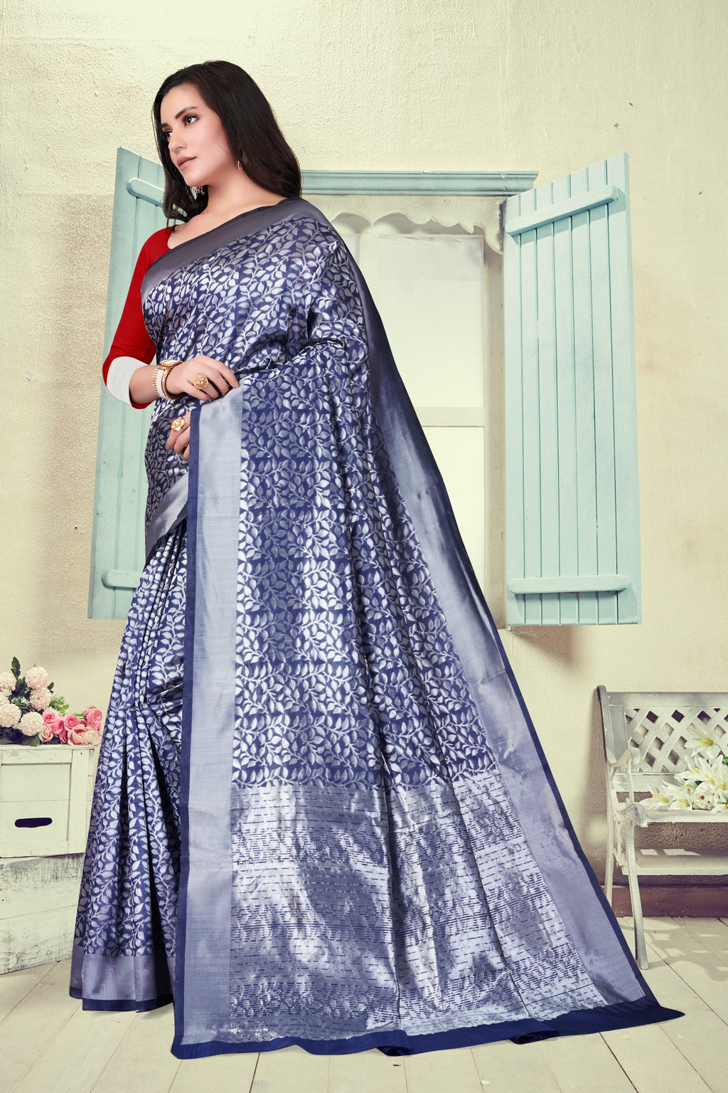 Vedant Vastram Litchi Silk Designer Banarasi Saree - Navy Blue | Grocsy