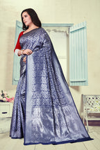 Vedant Vastram Litchi Silk Designer Banarasi Saree - Navy Blue | Grocsy