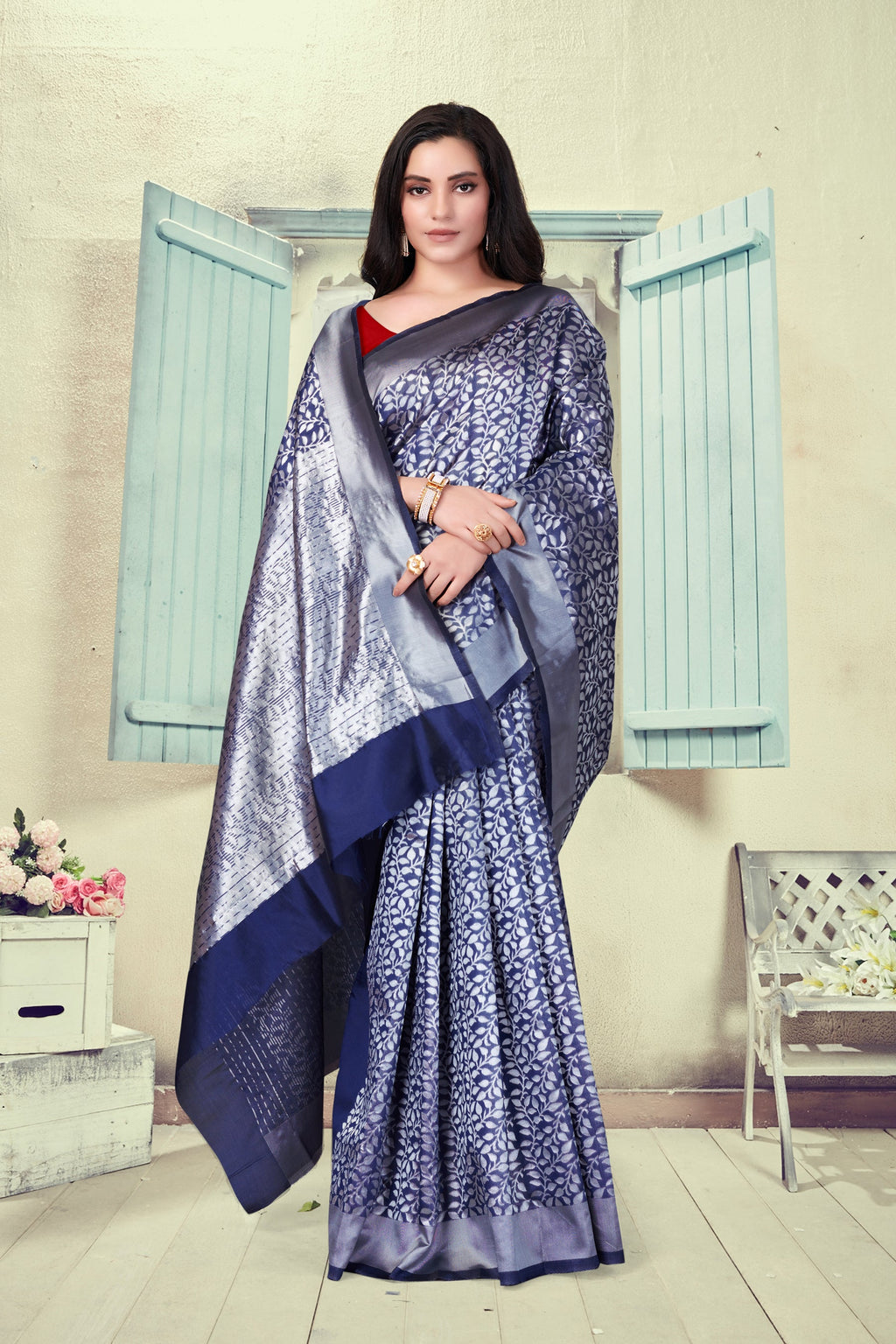 Vedant Vastram Litchi Silk Designer Banarasi Saree - Navy Blue | Grocsy