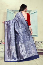 Vedant Vastram Litchi Silk Designer Banarasi Saree - Navy Blue | Grocsy