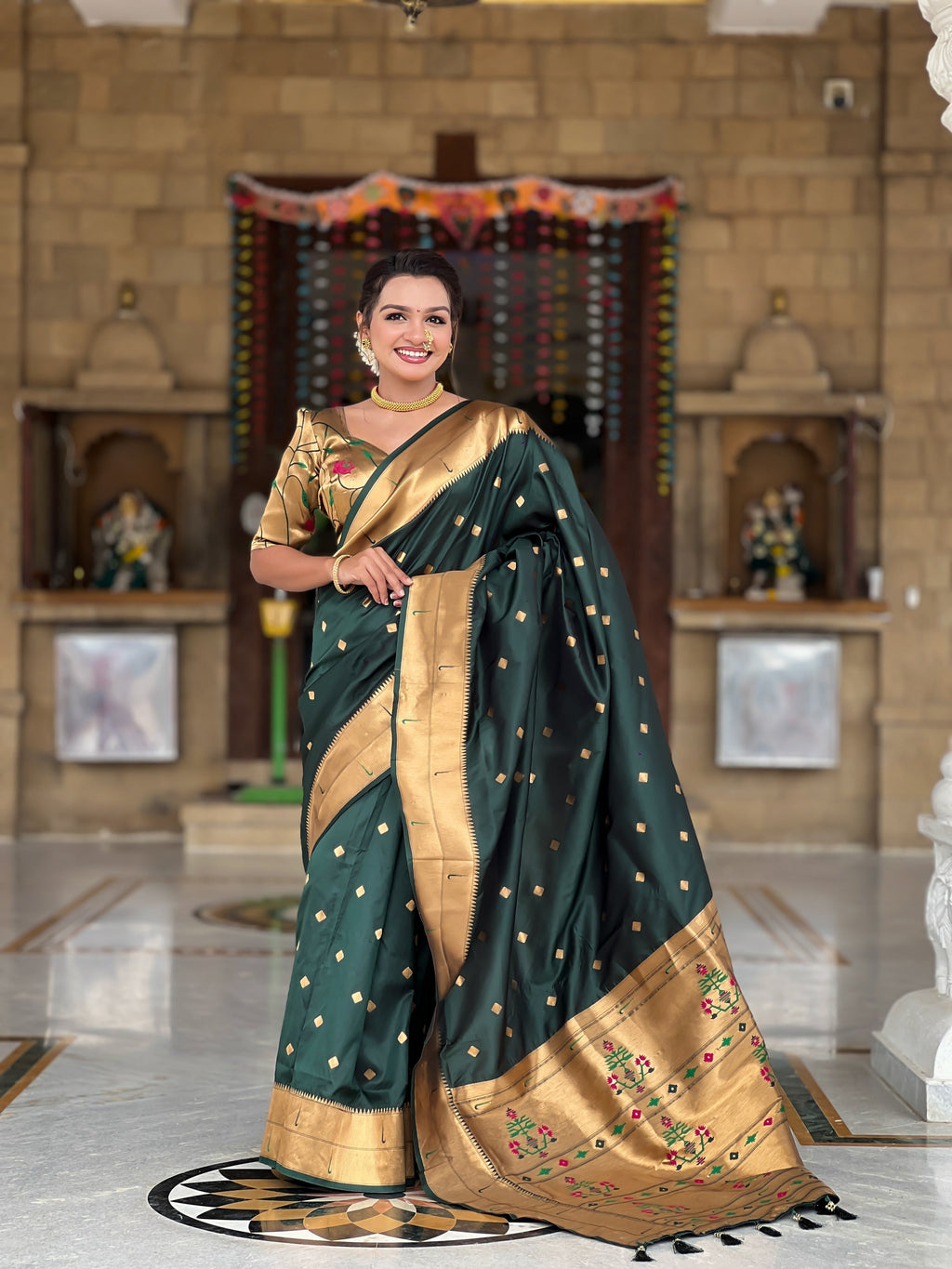 Vedant Vastram Soft Litchi Silk Paithani Jacquard Saree - Green | Grocsy