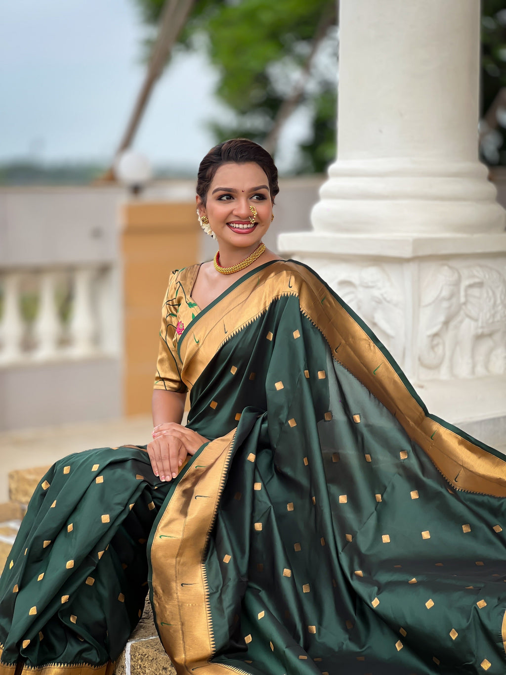 Vedant Vastram Soft Litchi Silk Paithani Jacquard Saree - Green | Grocsy