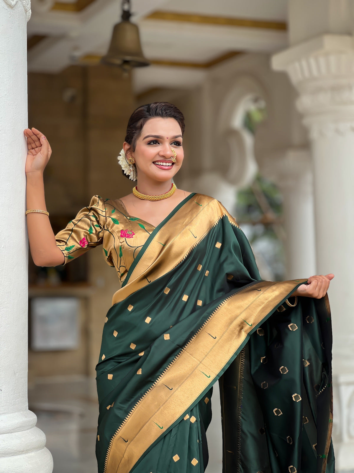 Vedant Vastram Soft Litchi Silk Paithani Jacquard Saree - Green | Grocsy