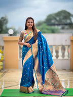 Vedant Vastram Soft Litchi Silk Paithani Jacquard Saree - Firozi | Grocsy