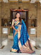Vedant Vastram Soft Litchi Silk Paithani Jacquard Saree - Firozi | Grocsy