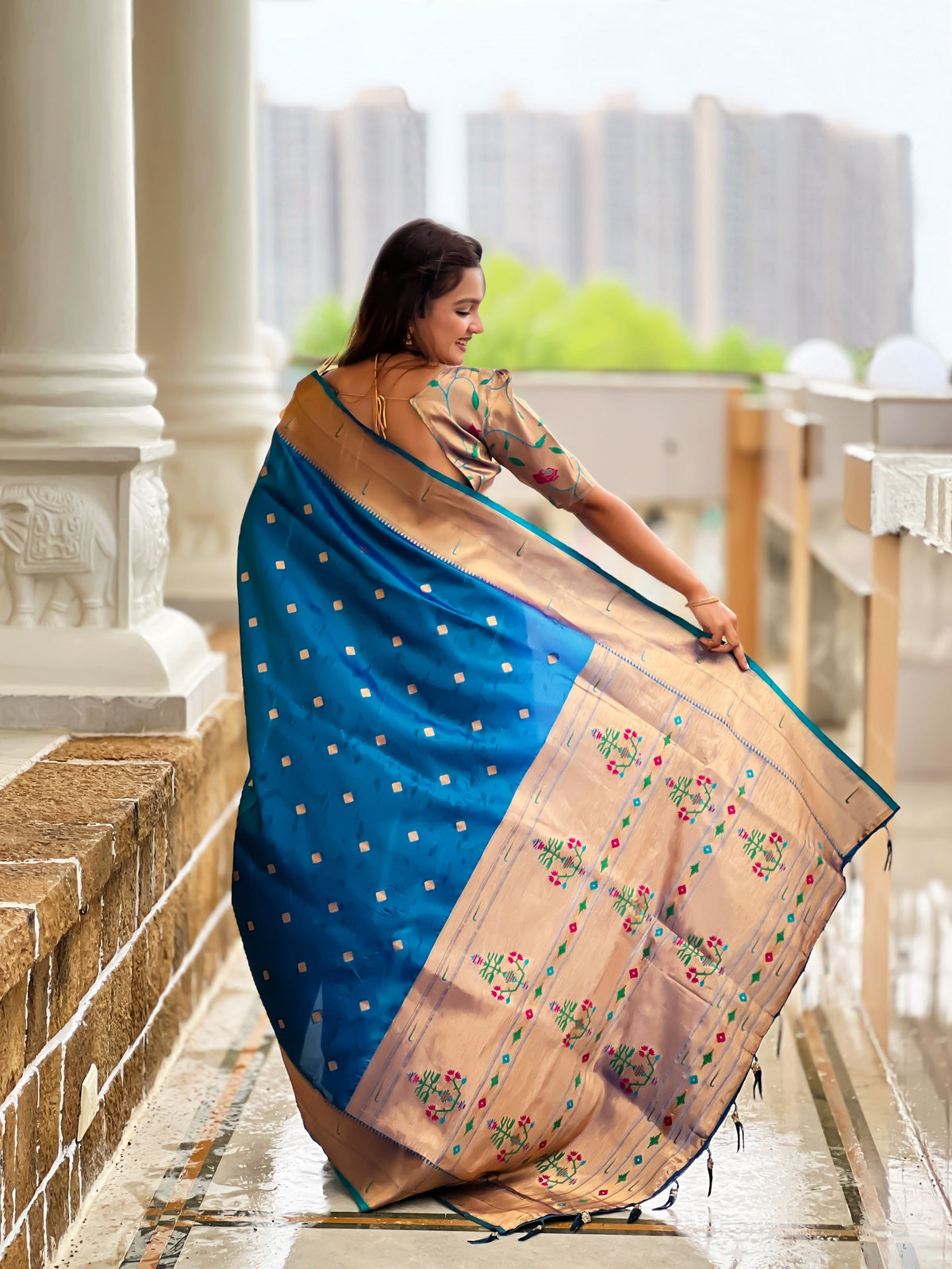 Vedant Vastram Soft Litchi Silk Paithani Jacquard Saree - Firozi | Grocsy