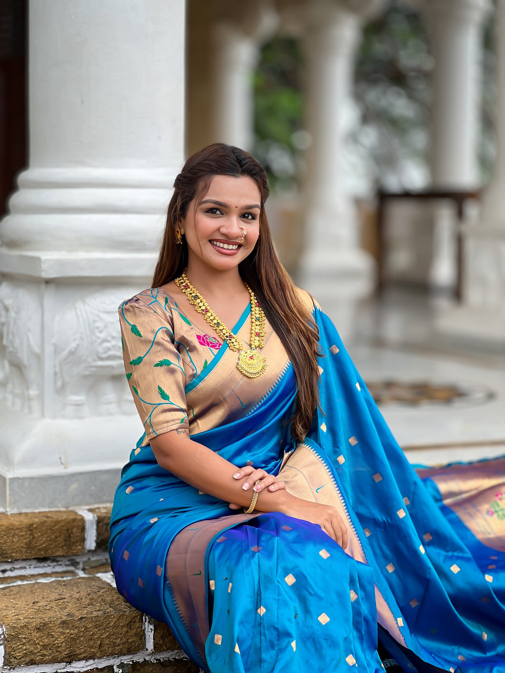 Vedant Vastram Soft Litchi Silk Paithani Jacquard Saree - Firozi | Grocsy