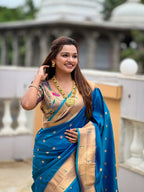 Vedant Vastram Soft Litchi Silk Paithani Jacquard Saree - Firozi | Grocsy