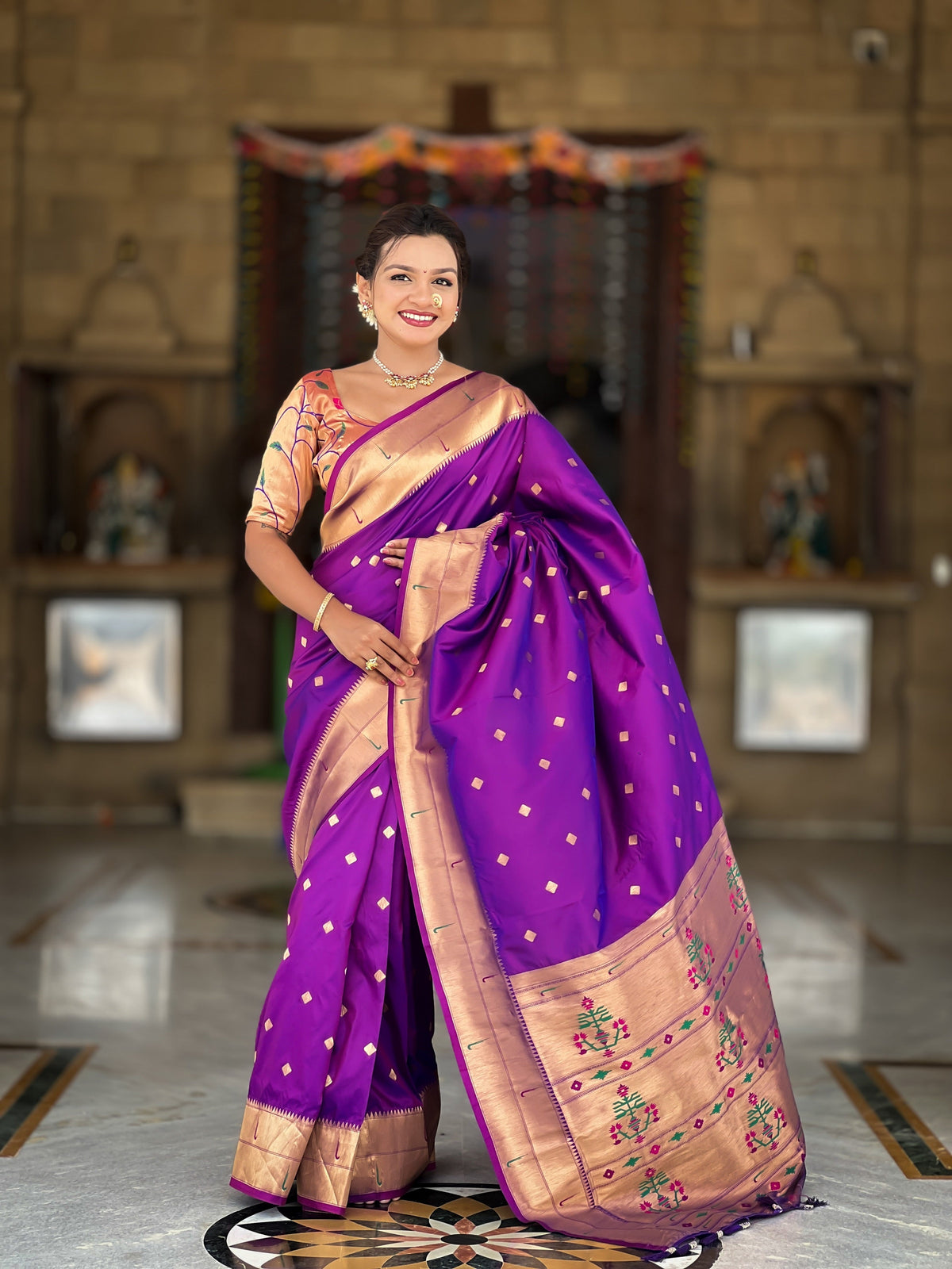 Vedant Vastram Soft Litchi Silk Paithani Jacquard Saree - Magenta | Grocsy