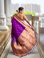 Vedant Vastram Soft Litchi Silk Paithani Jacquard Saree - Magenta | Grocsy
