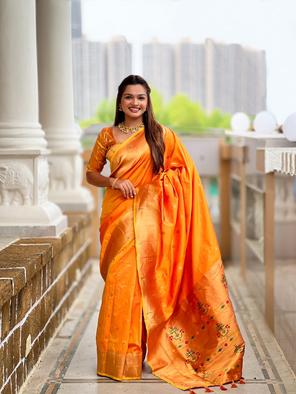 Vedant Vastram Soft Litchi Silk Paithani Jacquard Saree - Mustard | Grocsy