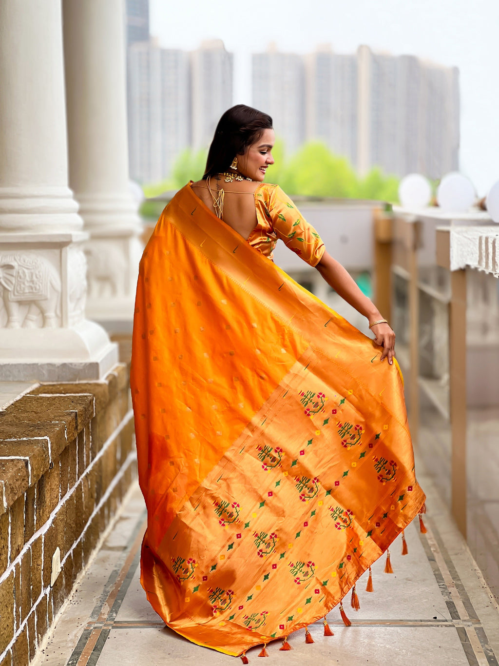 Vedant Vastram Soft Litchi Silk Paithani Jacquard Saree - Mustard | Grocsy