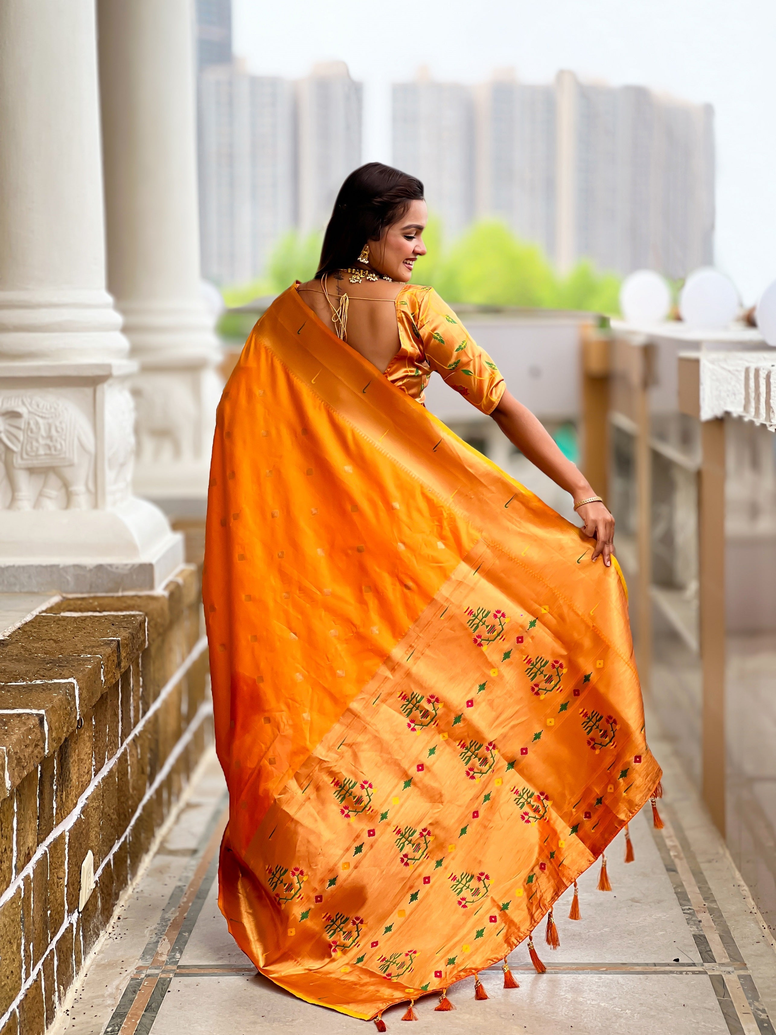 Vedant Vastram Soft Litchi Silk Paithani Jacquard Saree - Mustard | Grocsy