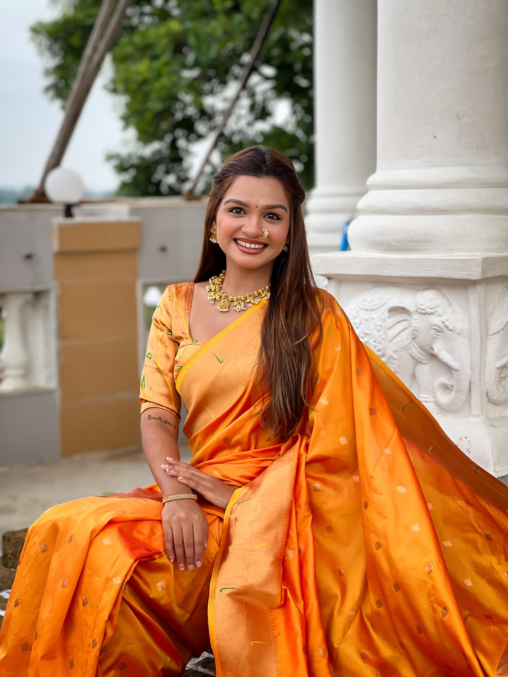 Vedant Vastram Soft Litchi Silk Paithani Jacquard Saree - Mustard | Grocsy