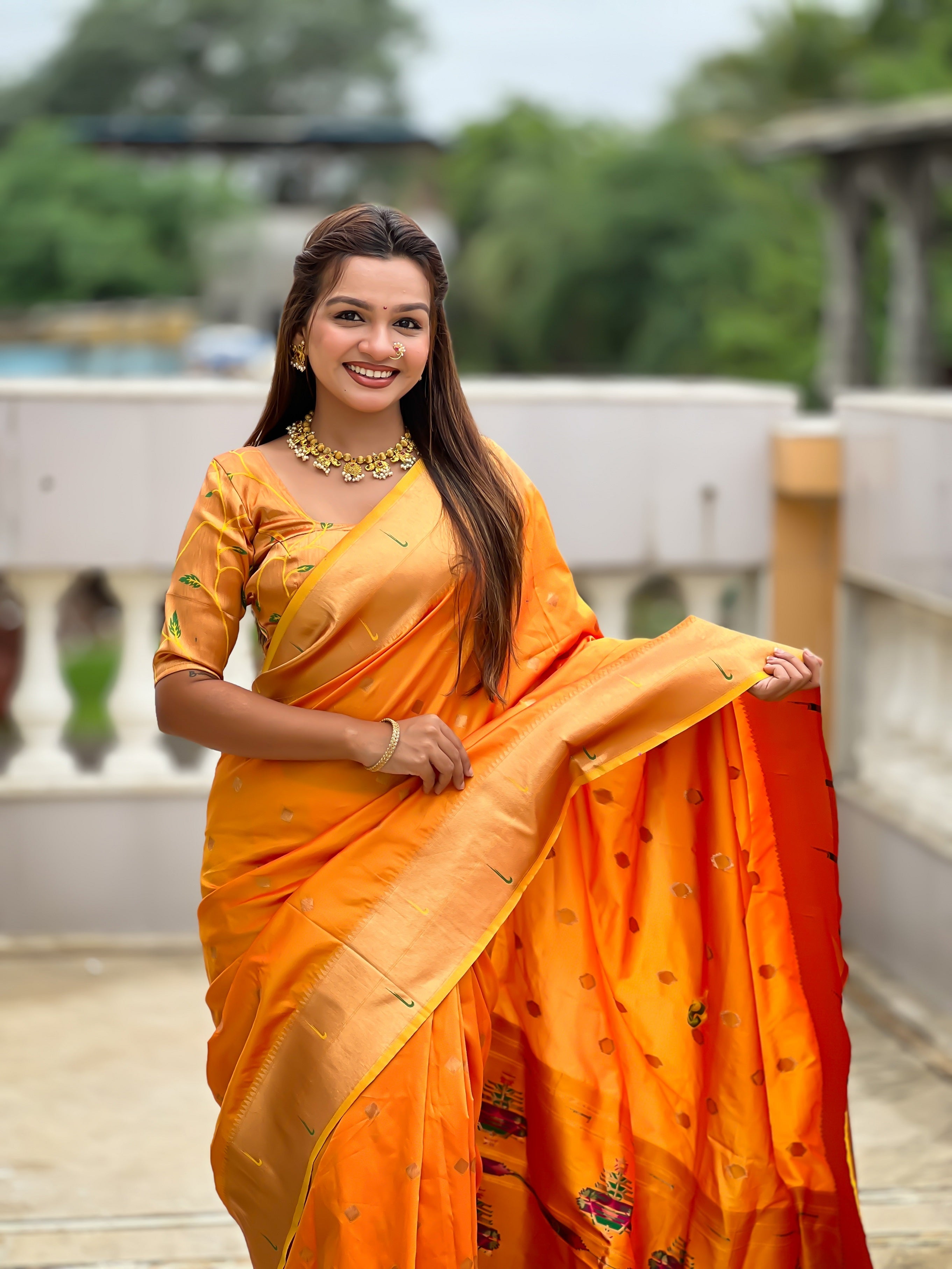 Vedant Vastram Soft Litchi Silk Paithani Jacquard Saree - Mustard | Grocsy