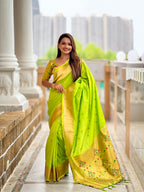 Vedant Vastram Soft Litchi Silk Paithani Jacquard Saree - Parrot | Grocsy