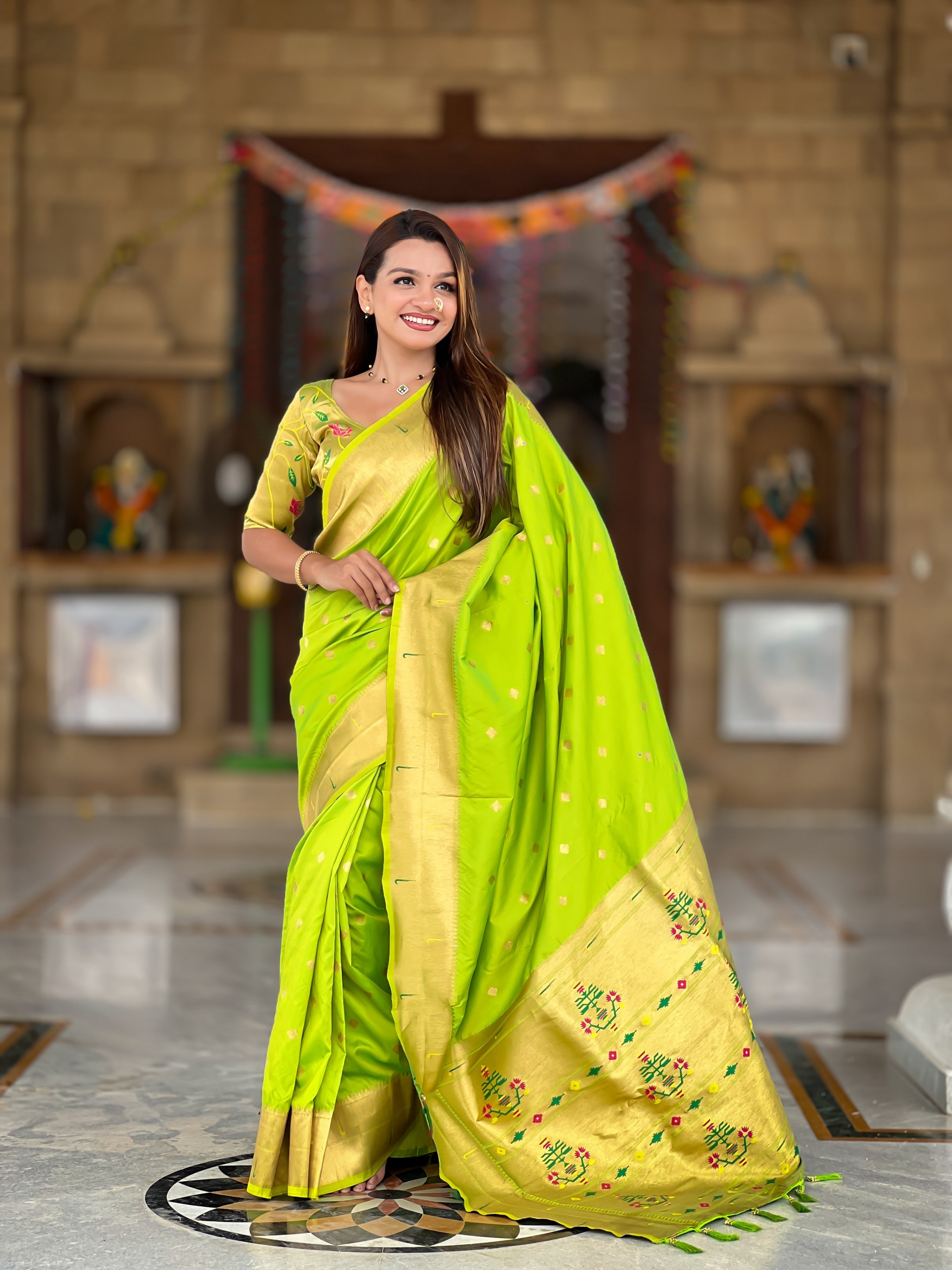 Vedant Vastram Soft Litchi Silk Paithani Jacquard Saree - Parrot | Grocsy