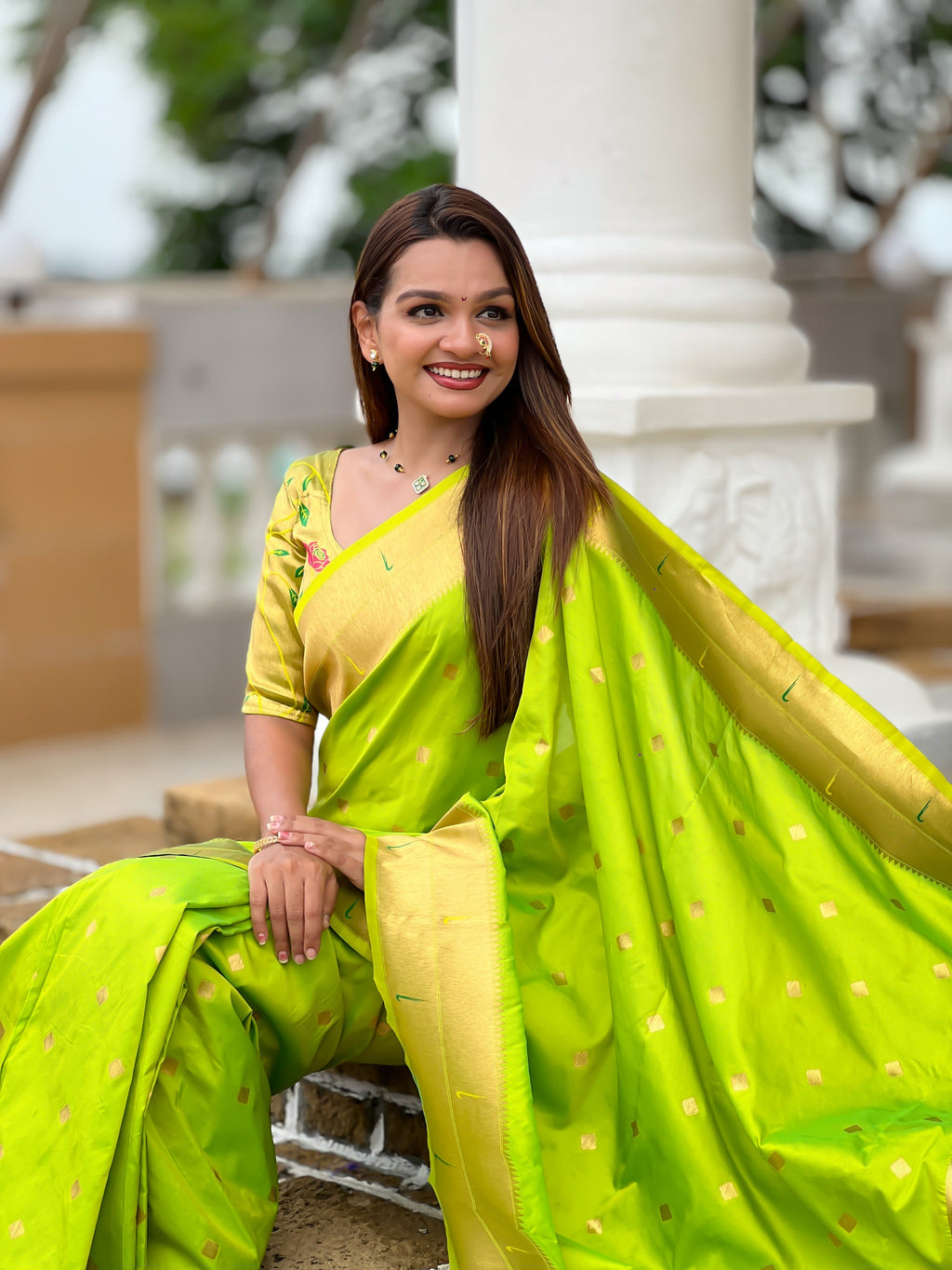Vedant Vastram Soft Litchi Silk Paithani Jacquard Saree - Parrot | Grocsy