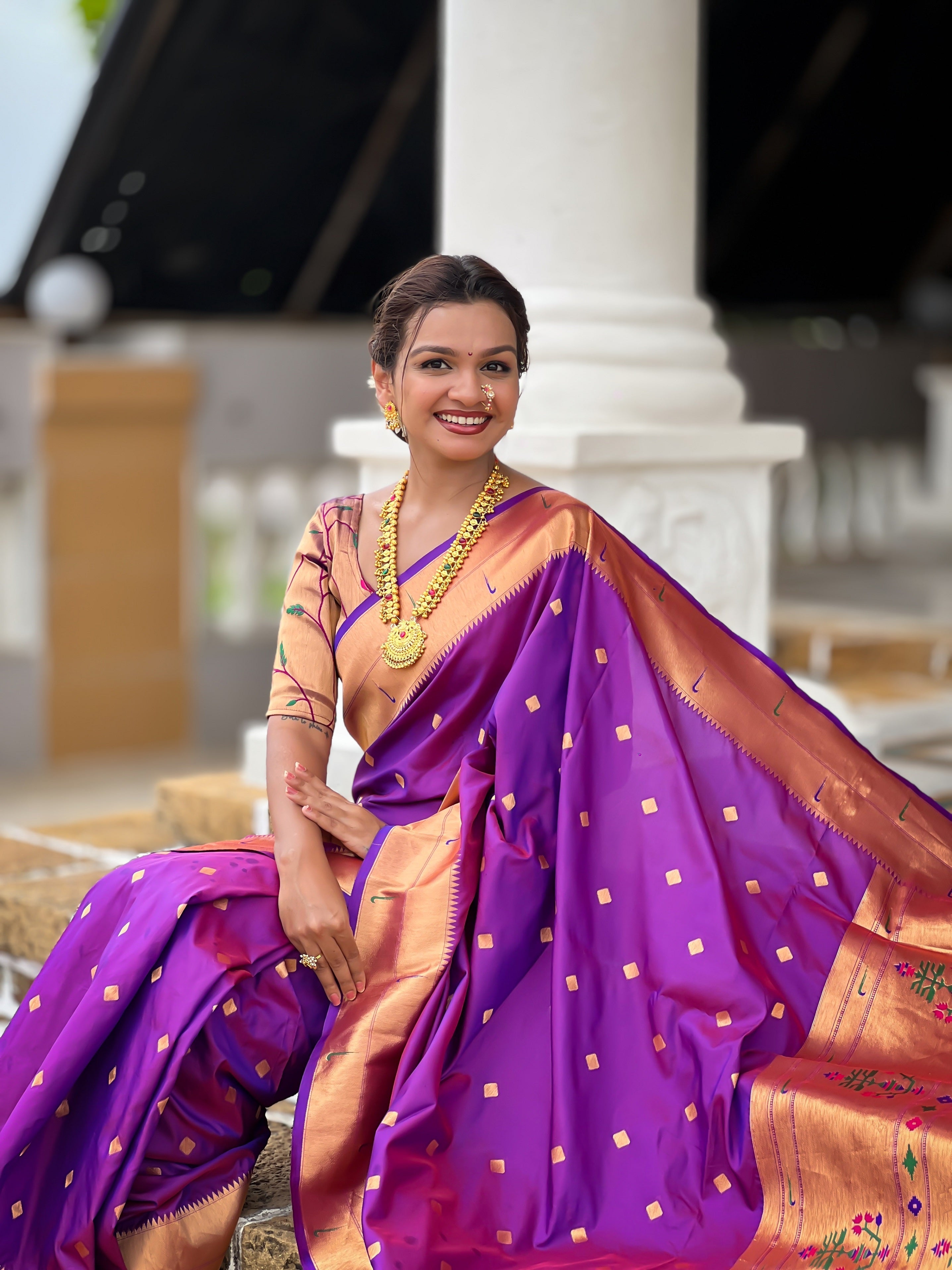 Vedant Vastram Soft Litchi Silk Paithani Jacquard Saree - Purple | Grocsy