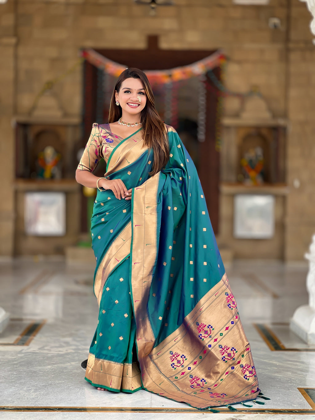 Vedant Vastram Soft Litchi Silk Paithani Jacquard Saree - Rama | Grocsy