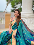 Vedant Vastram Soft Litchi Silk Paithani Jacquard Saree - Rama | Grocsy