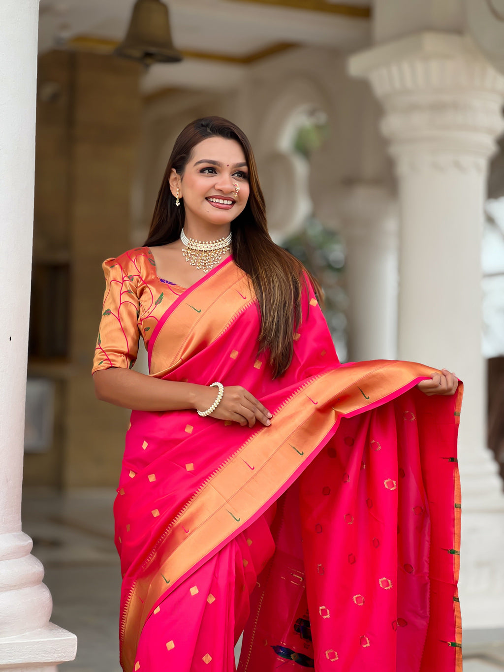 Vedant Vastram Soft Litchi Silk Paithani Jacquard Saree - Pink | Grocsy