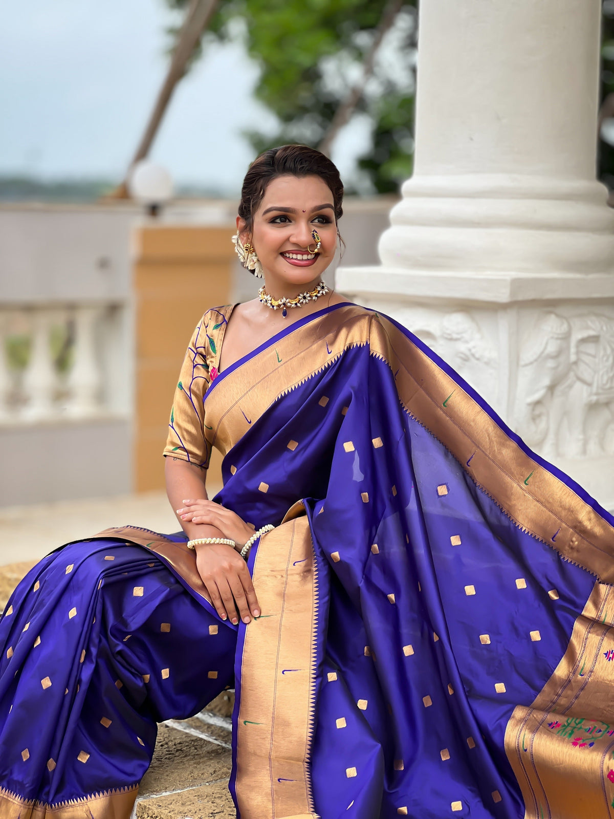 Vedant Vastram Soft Litchi Silk Paithani Jacquard Saree - Violet | Grocsy
