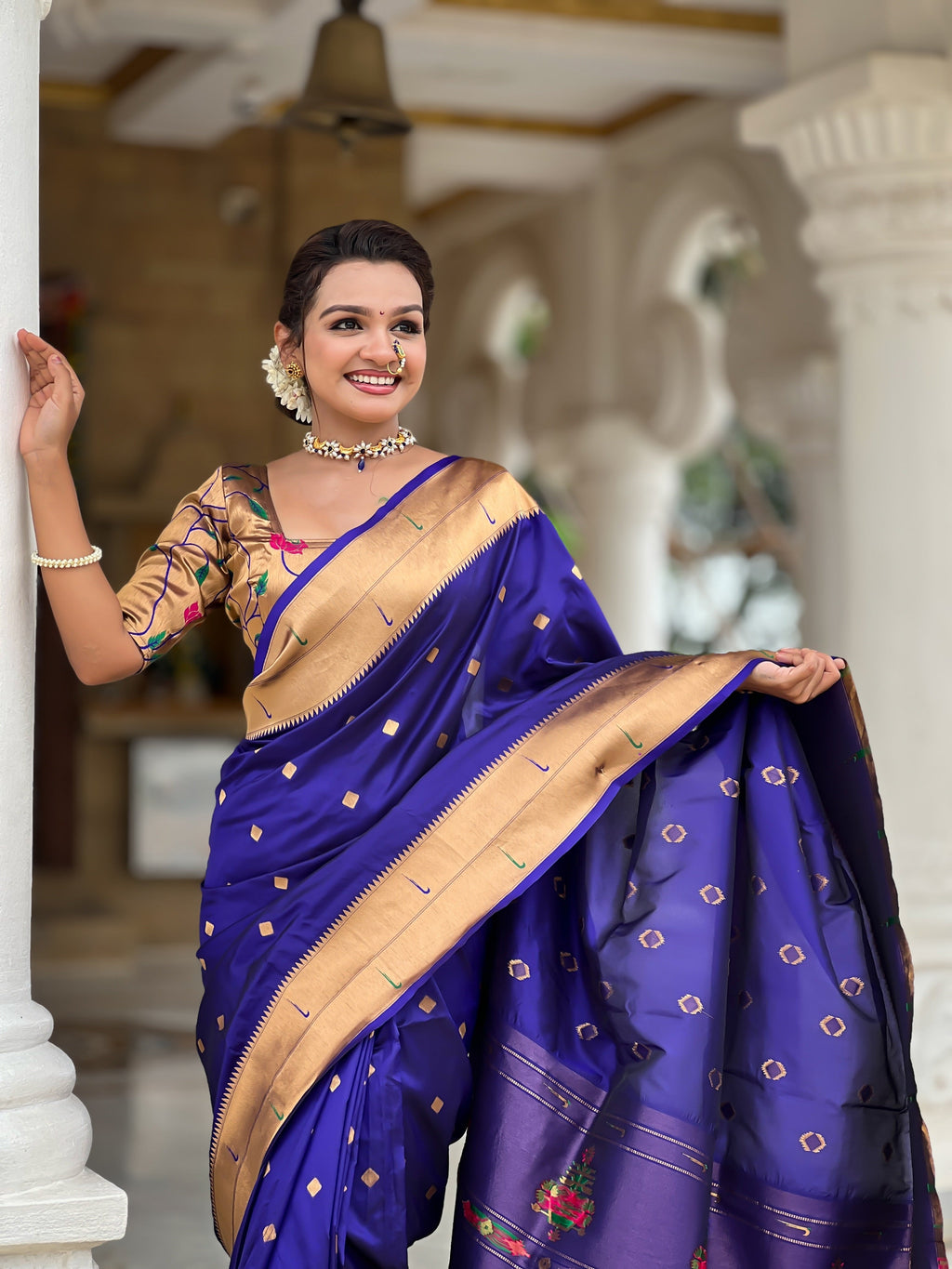 Vedant Vastram Soft Litchi Silk Paithani Jacquard Saree - Violet | Grocsy