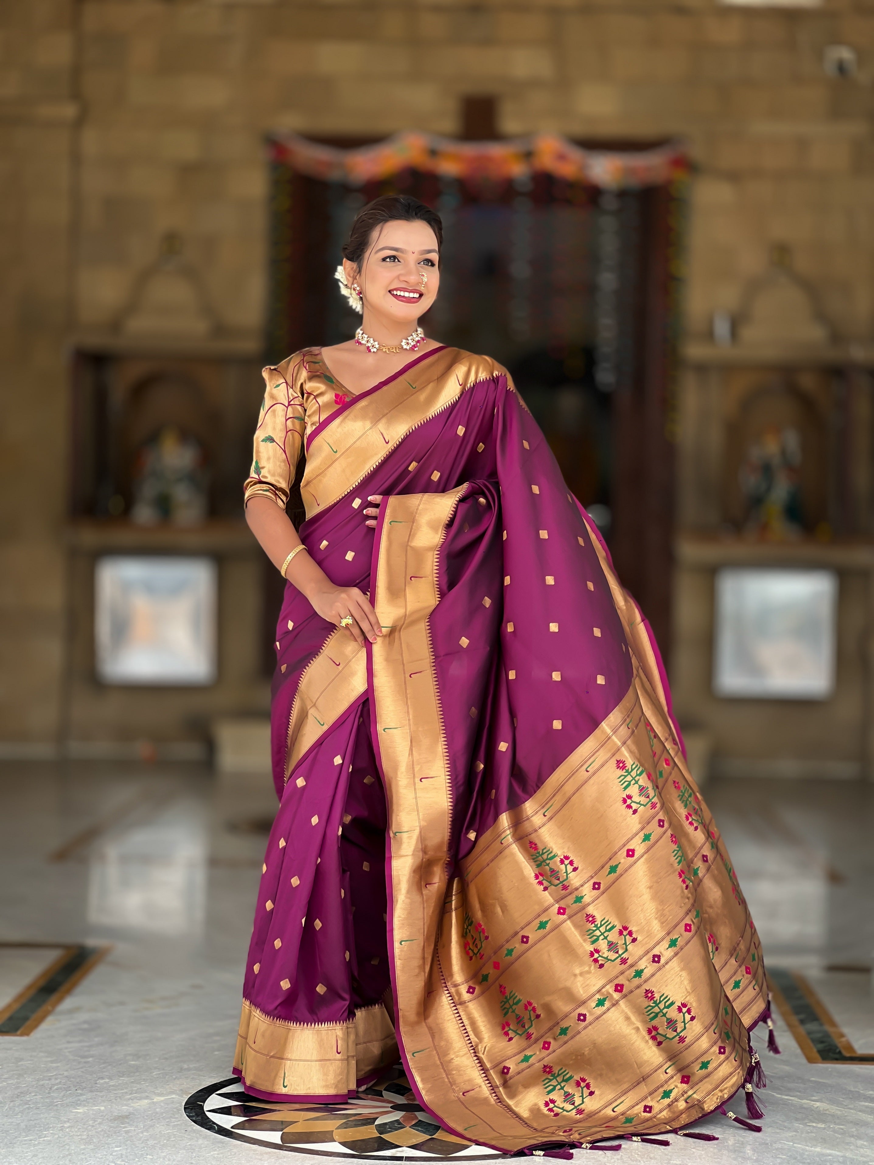 Vedant Vastram Soft Litchi Silk Paithani Jacquard Saree - Wine | Grocsy