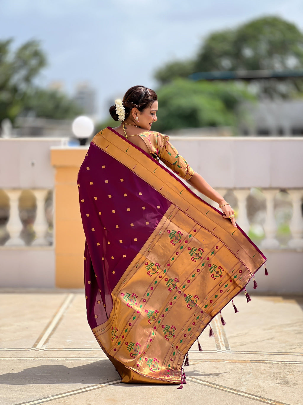 Vedant Vastram Soft Litchi Silk Paithani Jacquard Saree - Wine | Grocsy