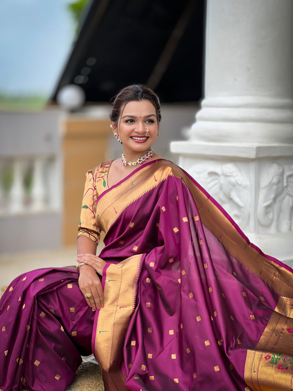 Vedant Vastram Soft Litchi Silk Paithani Jacquard Saree - Wine | Grocsy