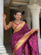 Vedant Vastram Soft Litchi Silk Paithani Jacquard Saree - Wine | Grocsy