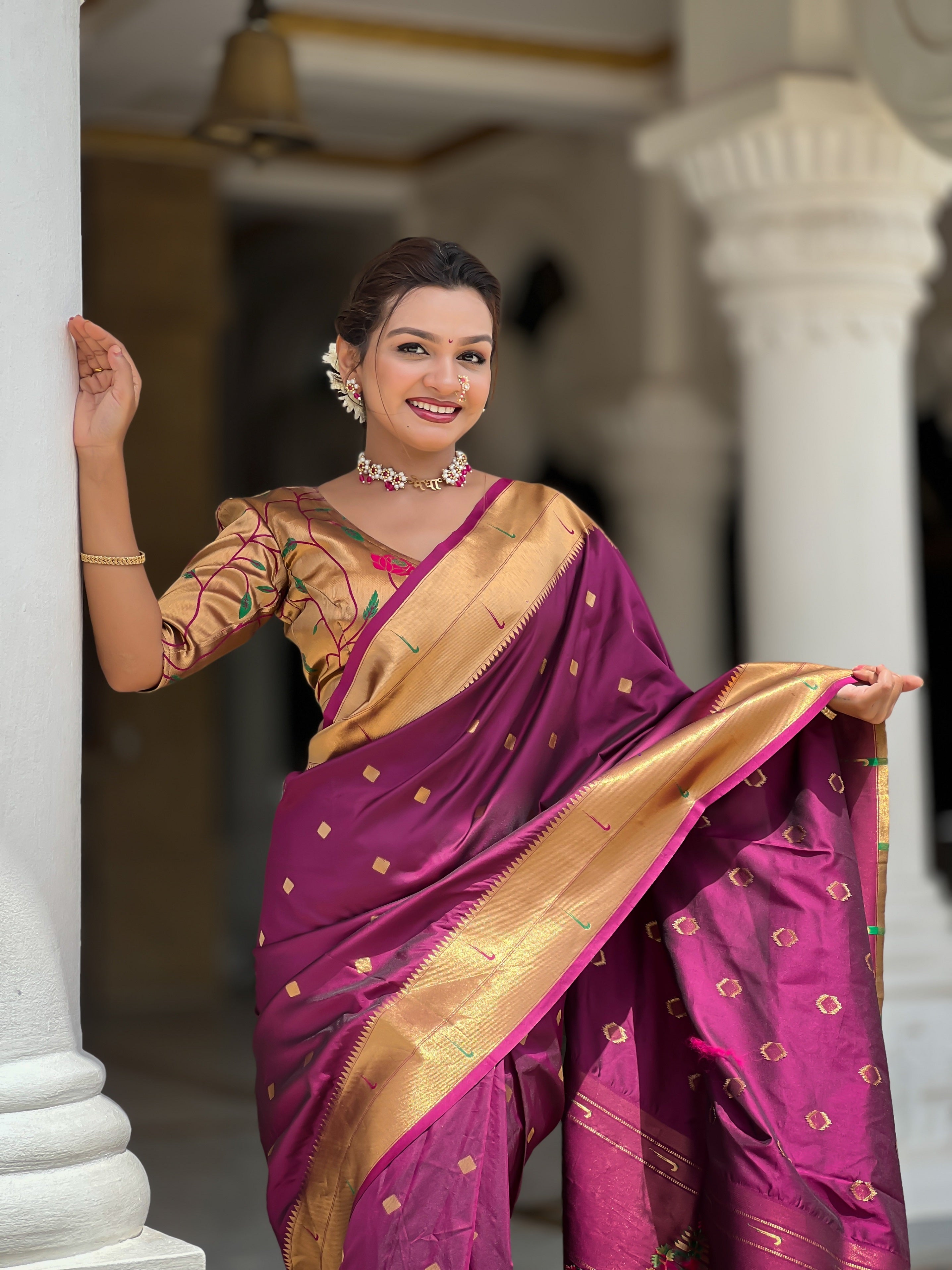 Vedant Vastram Soft Litchi Silk Paithani Jacquard Saree - Wine | Grocsy
