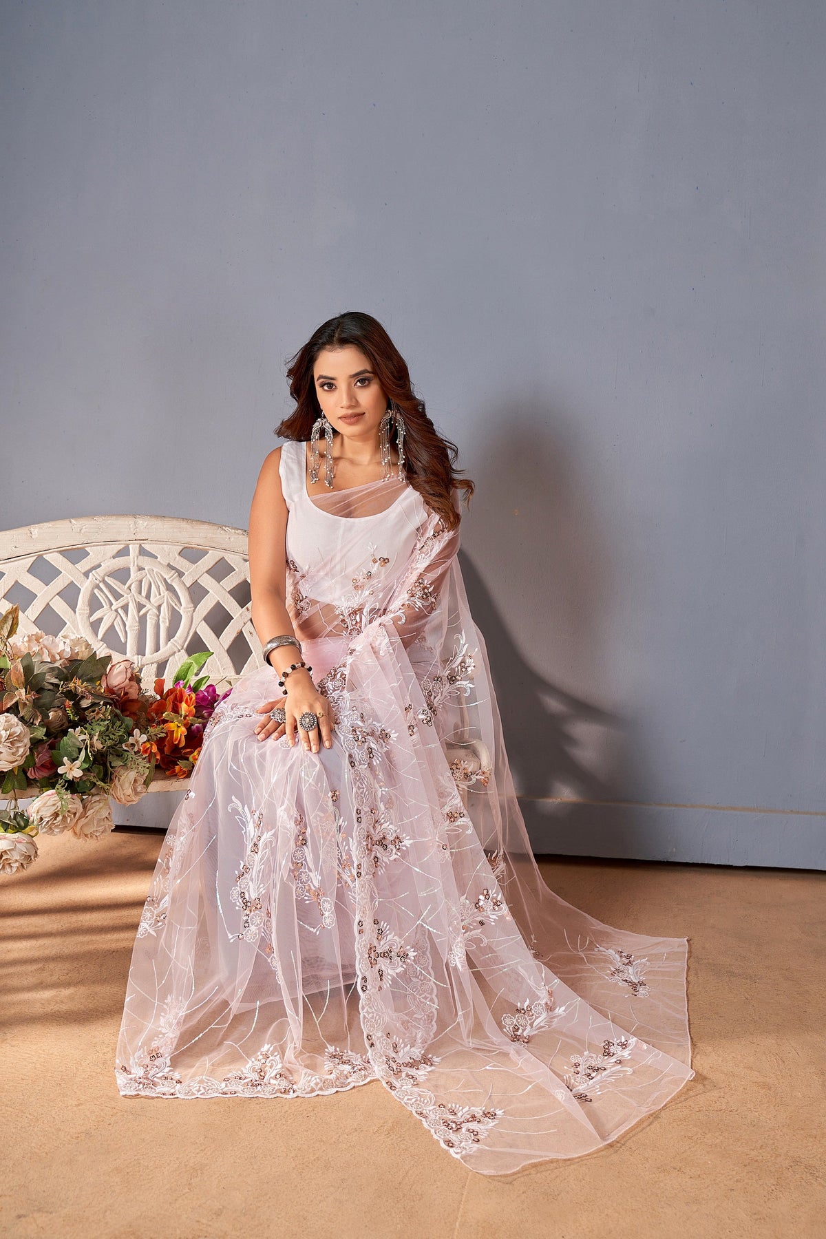 Teeya Creation Baby Pink Color Butterfly Net Heavy Work Saree | Grocsy