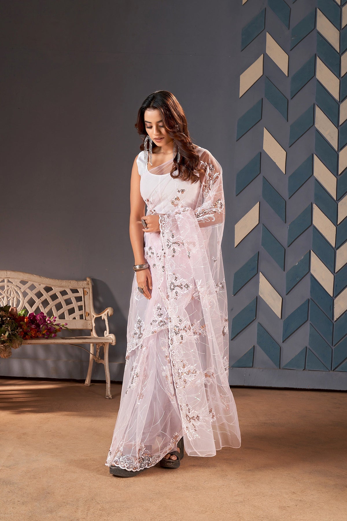 Teeya Creation Baby Pink Color Butterfly Net Heavy Work Saree | Grocsy