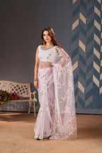 Teeya Creation Baby Pink Color Butterfly Net Heavy Work Saree | Grocsy