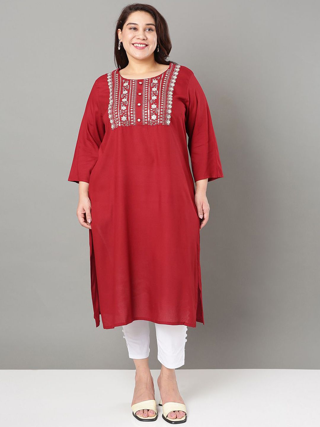 Sztori Plus Size Floral Yoke Design Mirror Work Straight Kurta | Grocsy