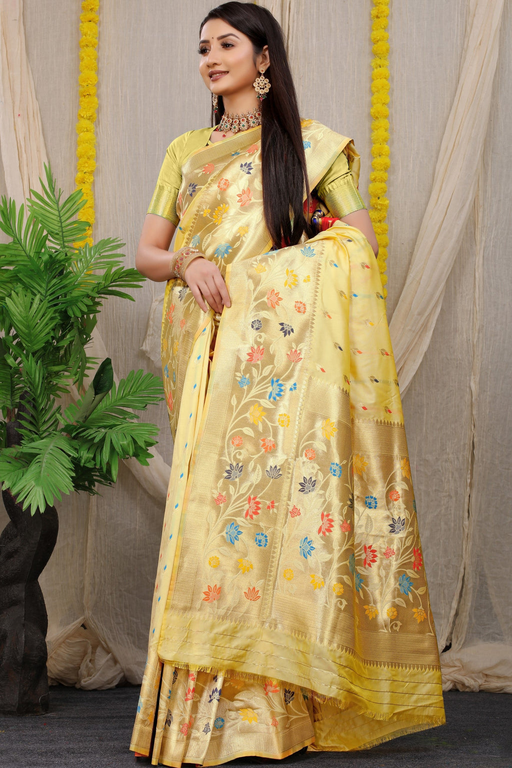 Anaita Cream Woven Design Pure Silk Banarasi Saree With Blouse | Grocsy