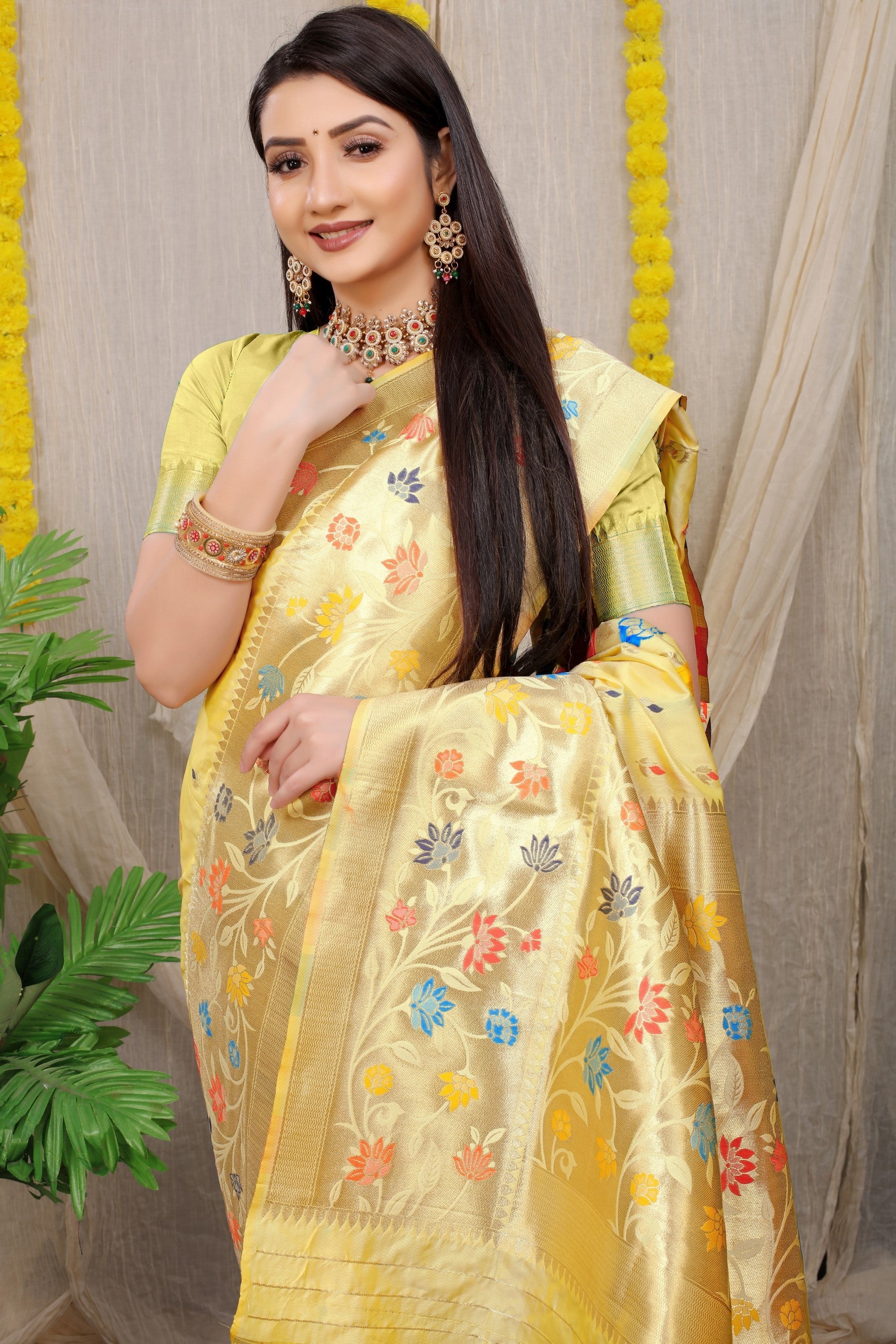 Anaita Cream Woven Design Pure Silk Banarasi Saree With Blouse | Grocsy
