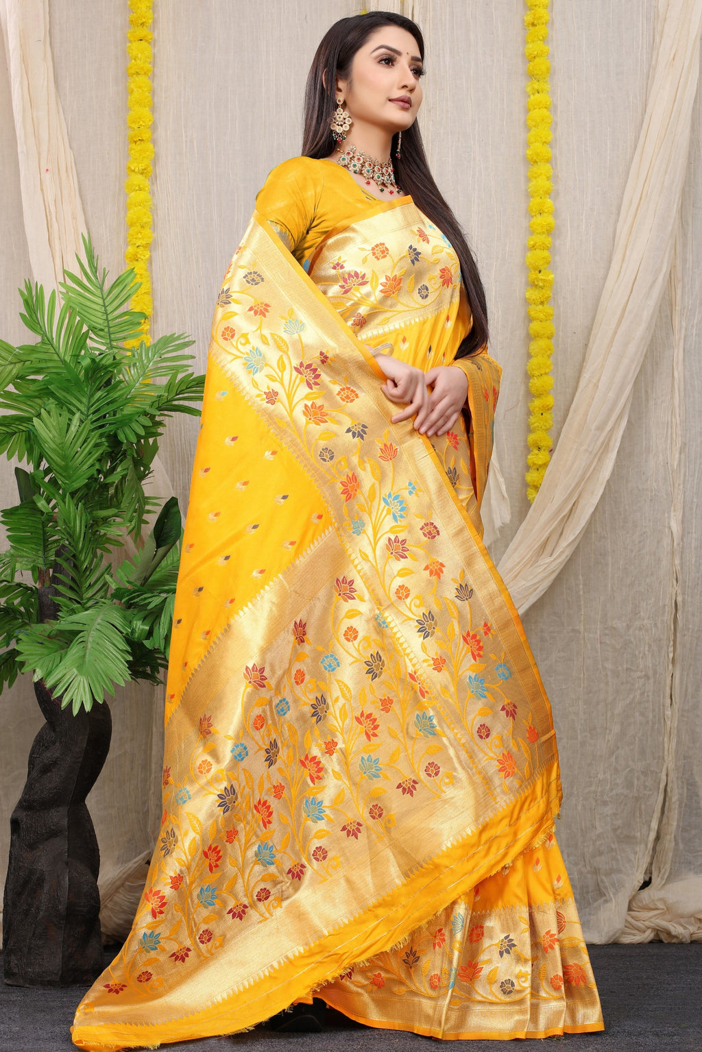 Anaita Mustard Woven Design Pure Silk Banarasi Saree With Blouse | Grocsy