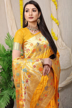 Anaita Mustard Woven Design Pure Silk Banarasi Saree With Blouse | Grocsy
