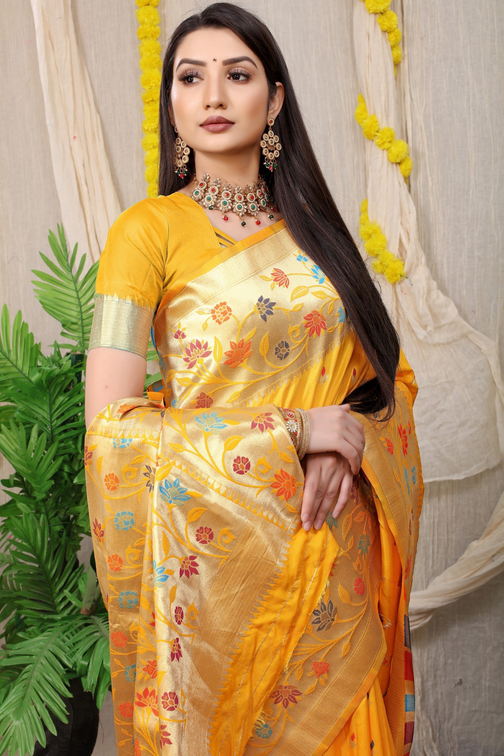 Anaita Mustard Woven Design Pure Silk Banarasi Saree With Blouse | Grocsy