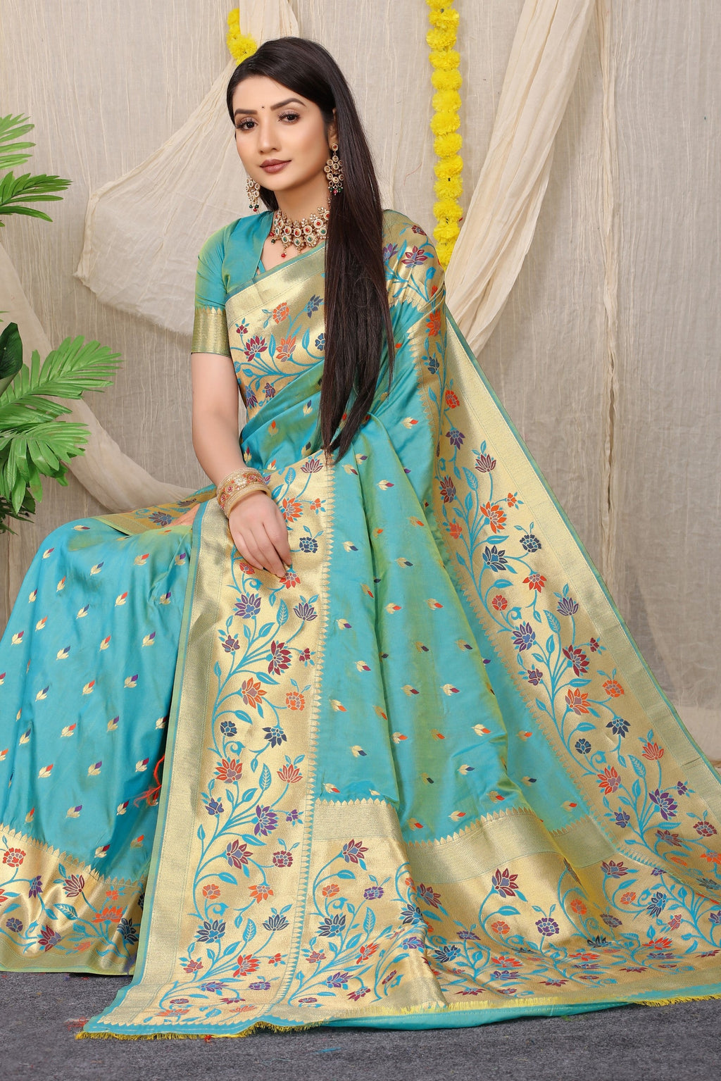 Anaita Sky Woven Design Pure Silk Banarasi Saree With Blouse | Grocsy