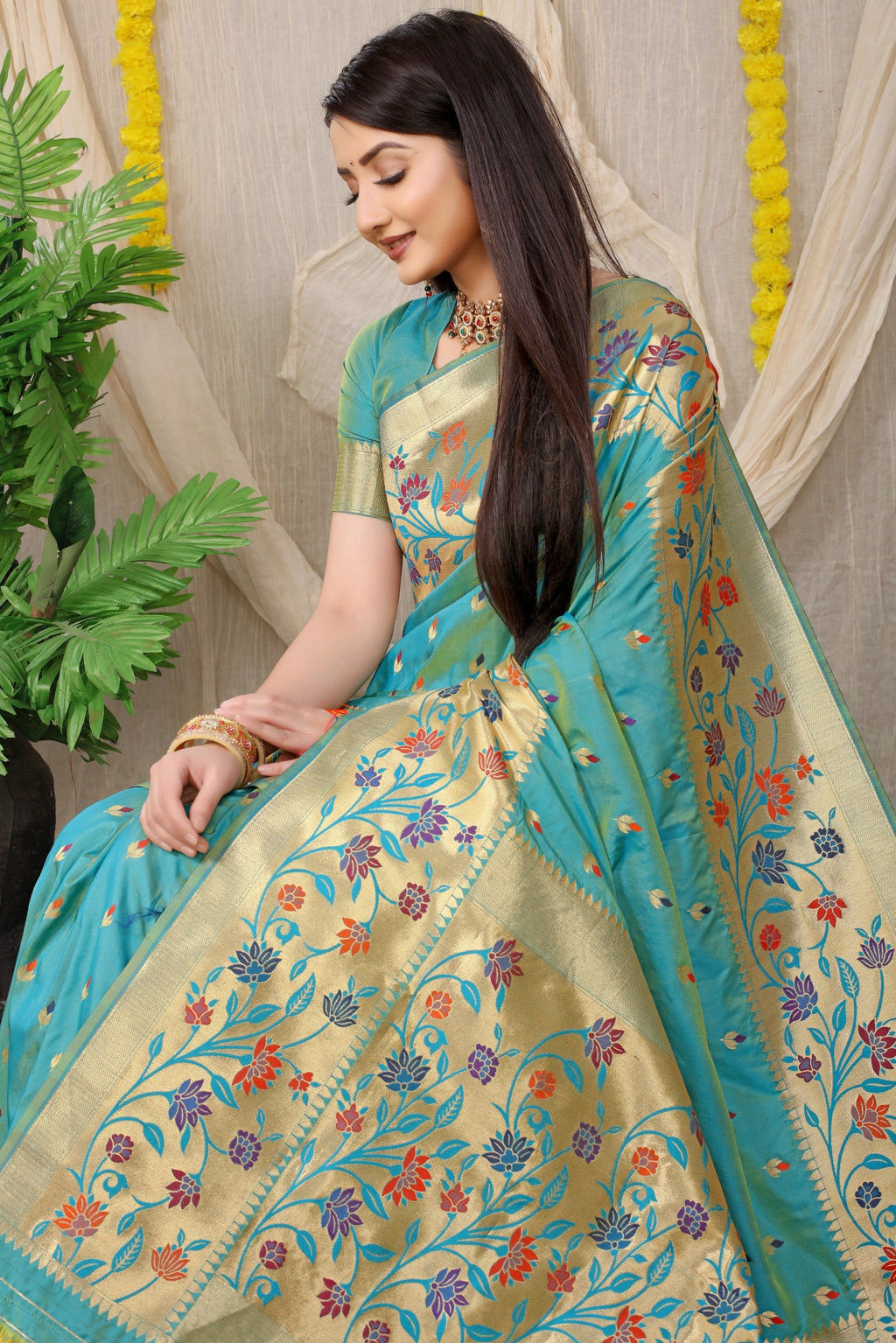 Anaita Sky Woven Design Pure Silk Banarasi Saree With Blouse | Grocsy
