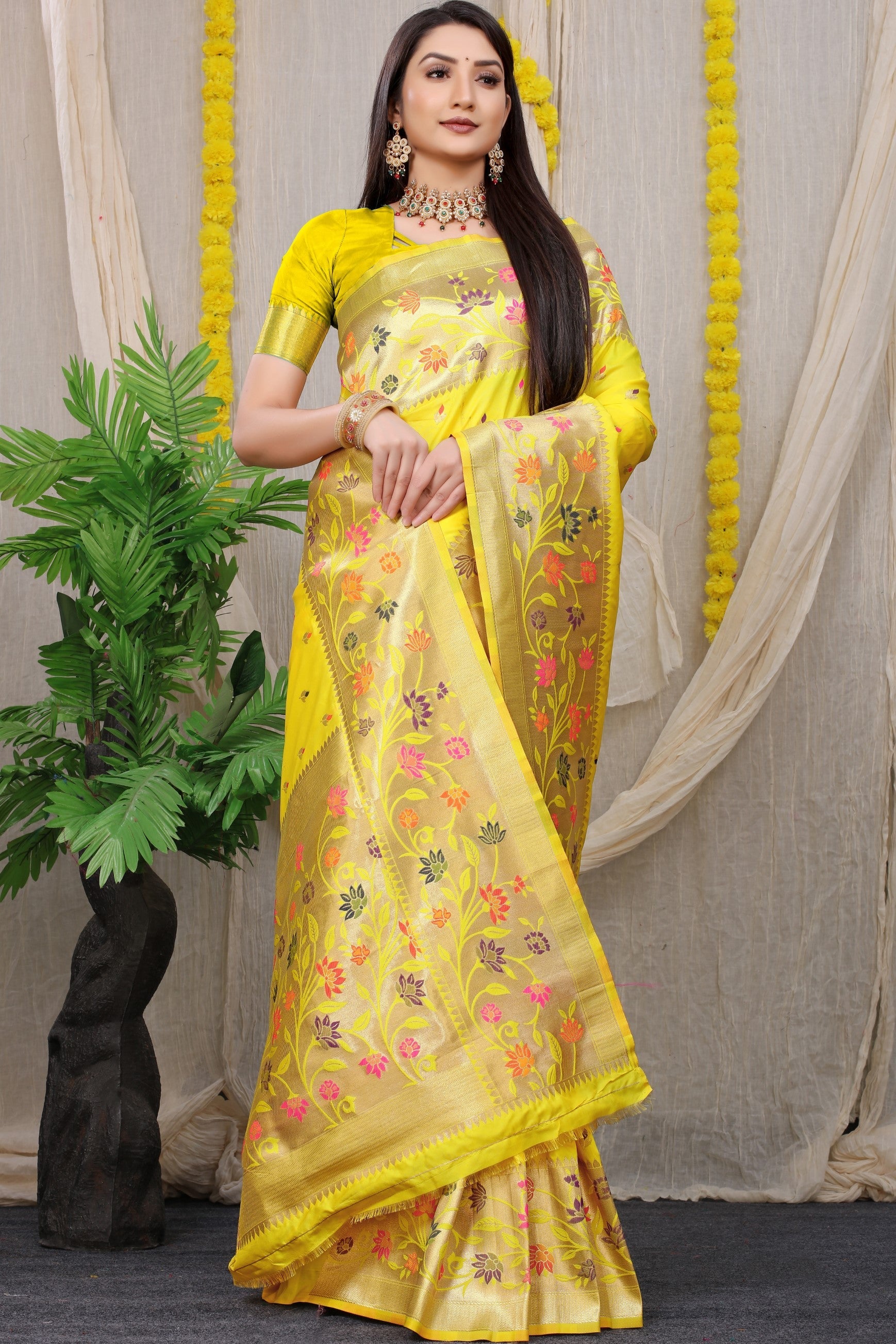 Anaita Yellow Woven Design Pure Silk Banarasi Saree With Blouse | Grocsy