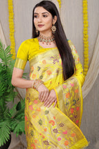 Anaita Yellow Woven Design Pure Silk Banarasi Saree With Blouse | Grocsy