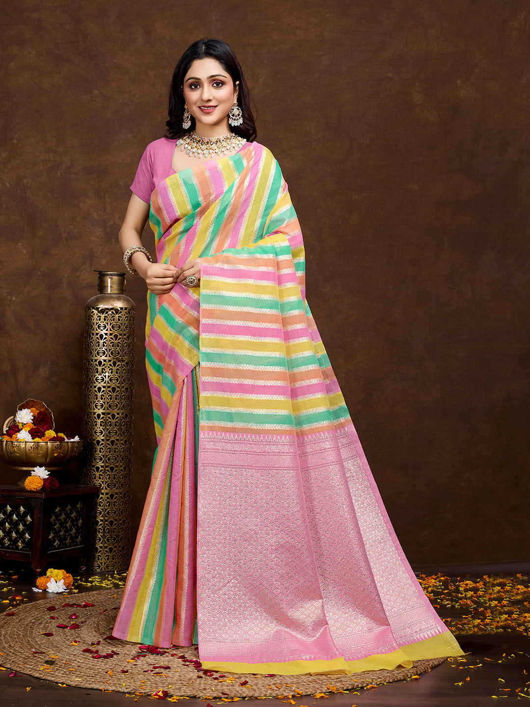 Vedant Vastram Jacquard Work Fancy Bollywood Saree - Pink | Grocsy