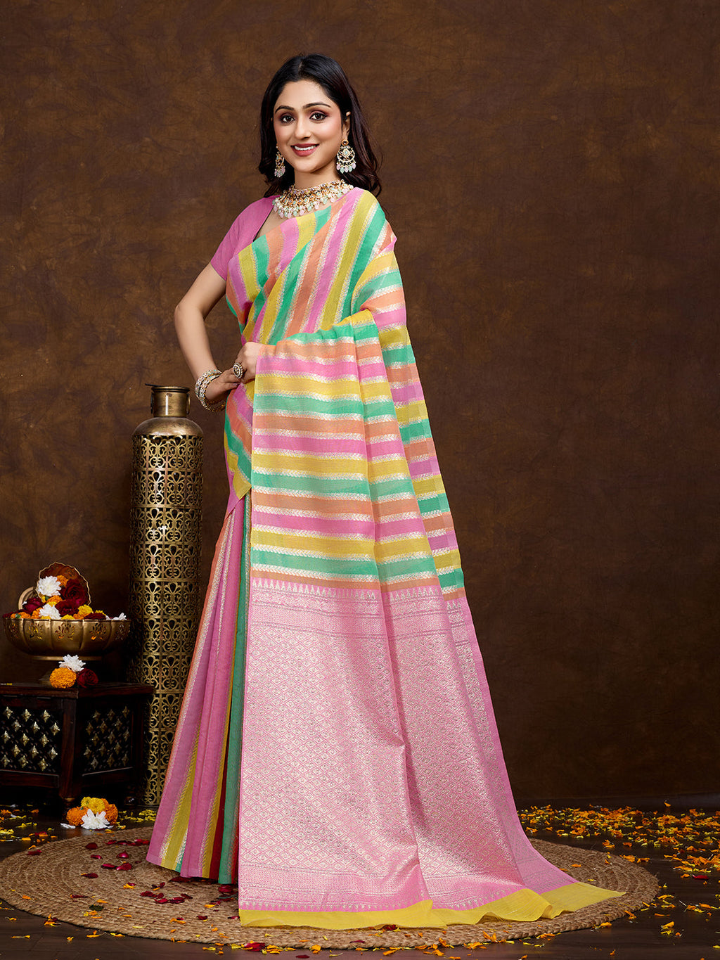 Vedant Vastram Jacquard Work Fancy Bollywood Saree - Pink | Grocsy