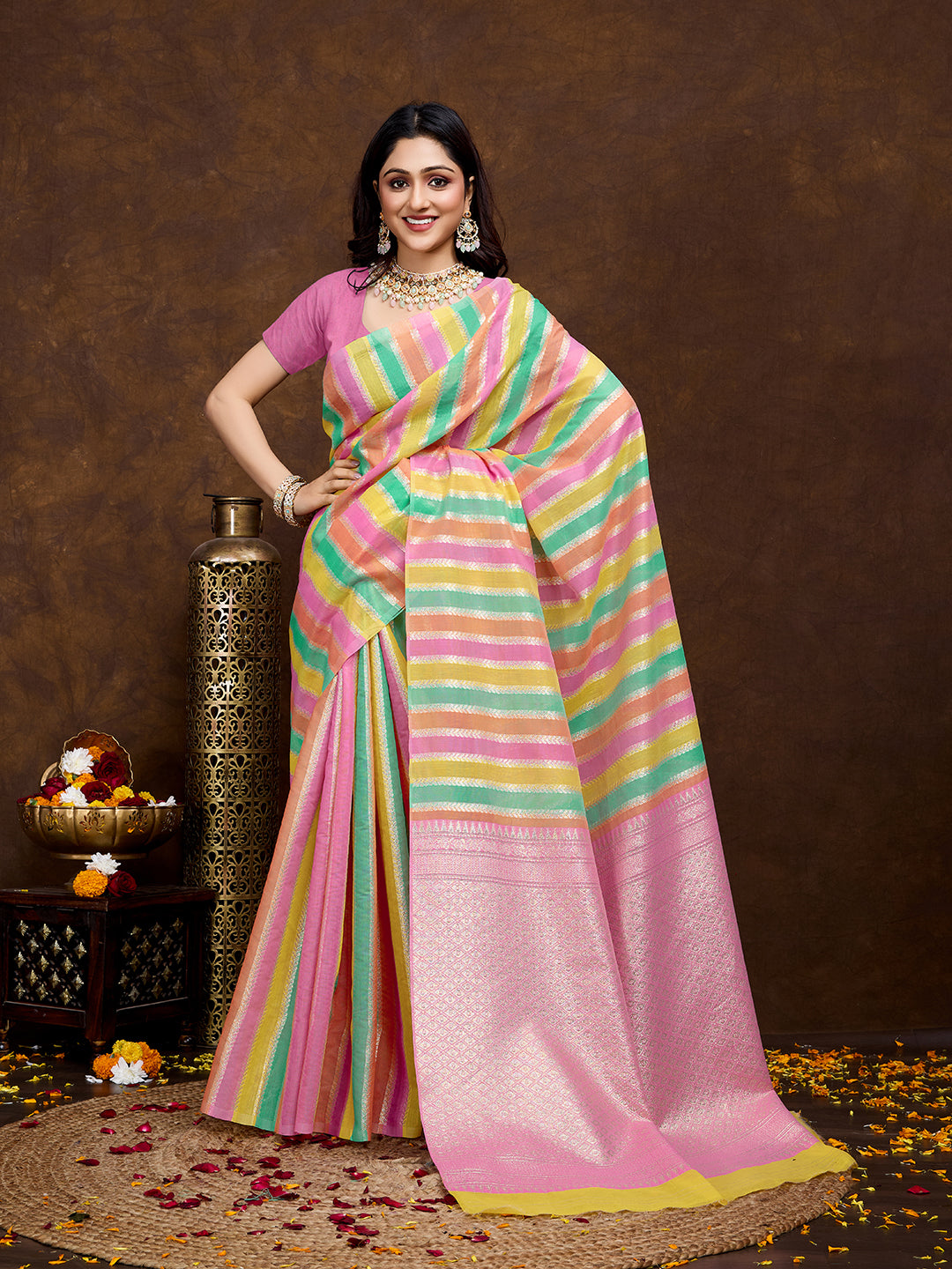 Vedant Vastram Jacquard Work Fancy Bollywood Saree - Pink | Grocsy